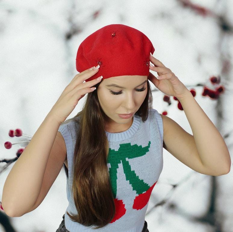 red Cashmere beret, Women winter hat, French cashmere beret, Crystal embroidered beret, Gift for her