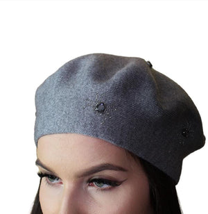 grey Cashmere beret, Women winter hat, French cashmere beret, Crystal embroidered beret, Gift for her