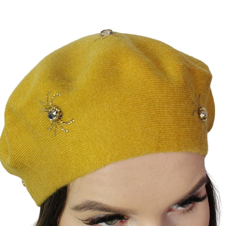 yellow Cashmere beret, Women winter hat, French cashmere beret, Crystal embroidered beret, Gift for her