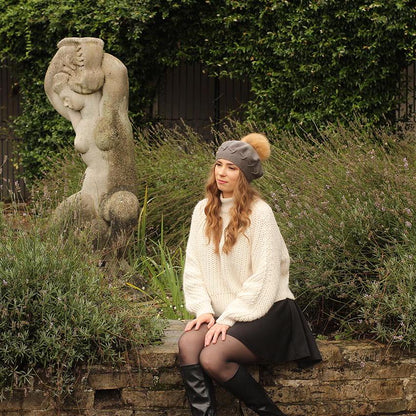 Women's cashmere pom pom beret, Women's winter hat, French cashmere beret, Gift for her