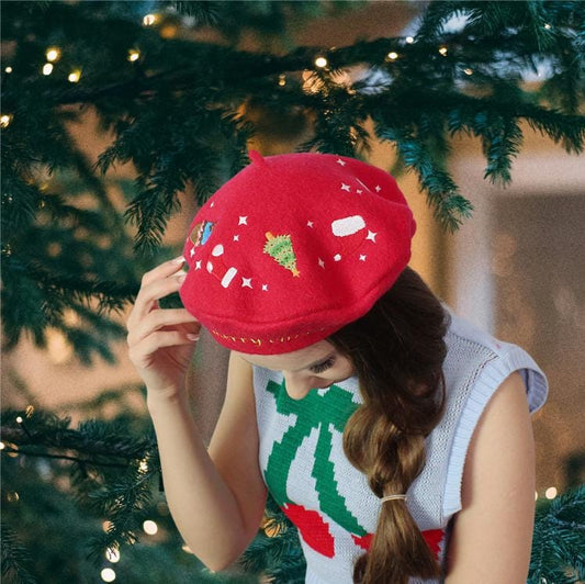 Béret de Noël en laine pour femme, Béret chapeau de Noël brodé rouge, Cadeau pour elle