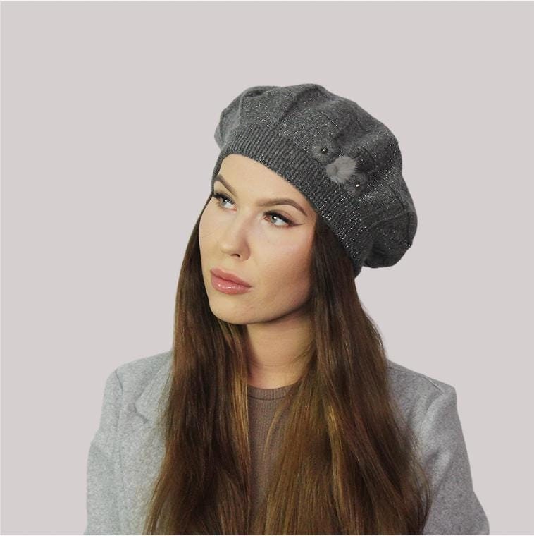 Grey Elegant Cashmere Beret – Women's Winter French Hat with Sparkle | Perfect Gift for Her