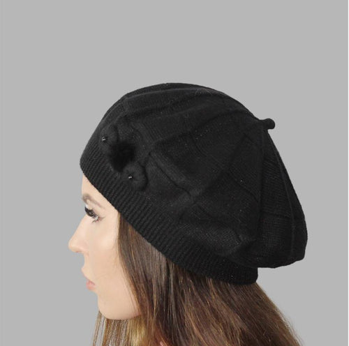 Black Elegant Cashmere Beret – Women's Winter French Hat with Sparkle | Perfect Gift for Her