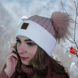 Cashmere double fox fur pom pom hat, Cozy and warm women's girl's bobble beanie, Gift for her