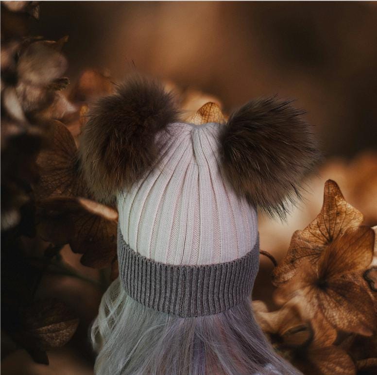 Cashmere double fox fur pom pom hat, Cozy and warm women's girl's bobble beanie, Gift for her