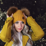 yellow Cashmere double fox fur pom pom hat, Cozy and warm women's girl's bobble beanie, Gift for her