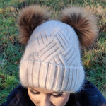 Cashmere double fox fur pom pom hat, Cozy and warm women's girl's bobble beanie, Gift for her