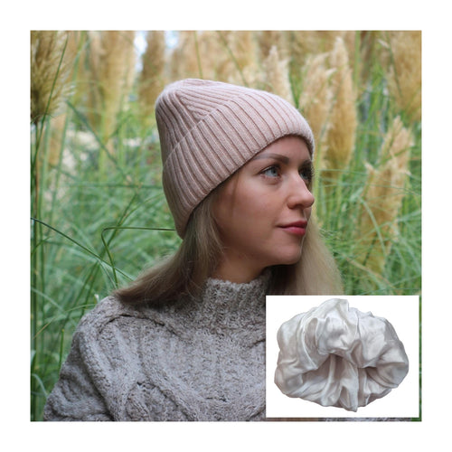 Cashmere & 100% PURE SILK  Lined Women's hat, Winter Windproof beanie, Great for thick, Curly, Frizz-free hair, Gift for her