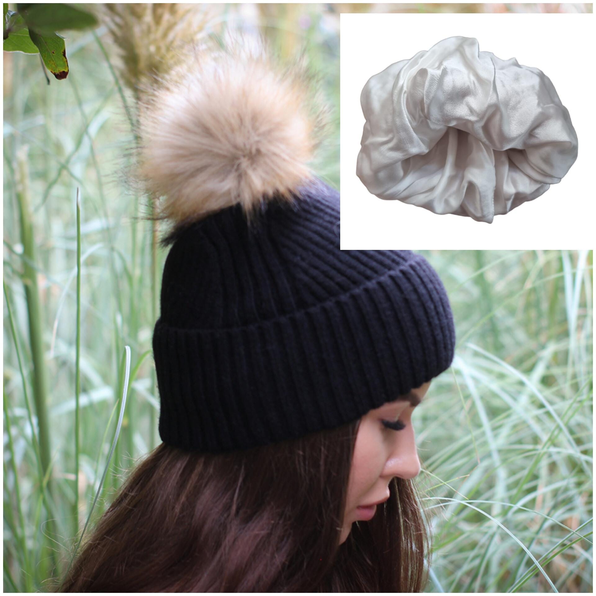 black Cashmere & 100% PURE SILK  Lined Women's hat, Winter Windproof pom pom beanie, Great for thick, Curly, Frizz-free hair, Gift for her