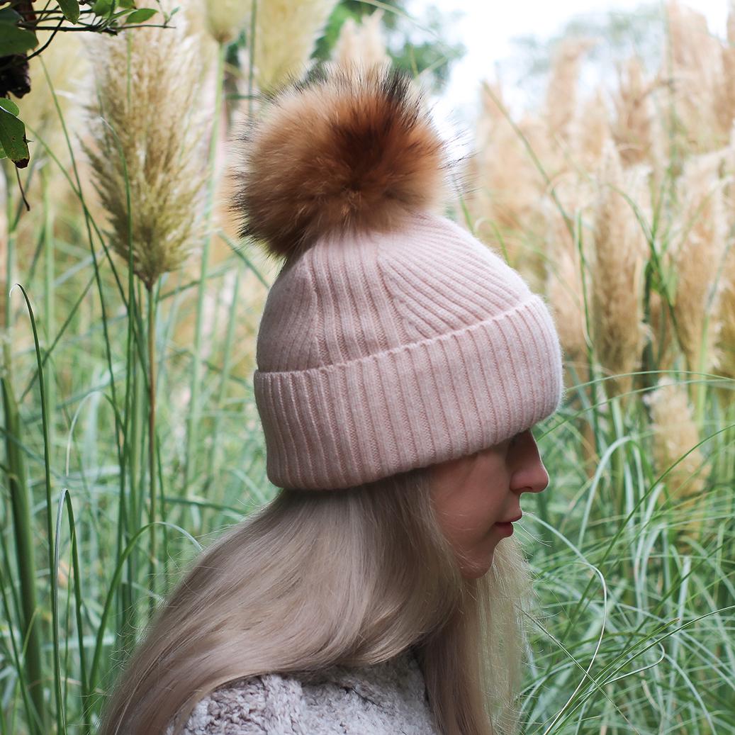 rose beige Cashmere & 100% PURE SILK  Lined Women's hat, Winter Windproof Fox fur pom pom beanie, Great for thick, Curly, Frizz-free hair, Gift for her