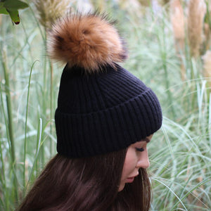 Cashmere & 100% PURE SILK  Lined Women's hat, Winter Windproof Fox fur pom pom beanie, Great for thick, Curly, Frizz-free hair, Gift for her