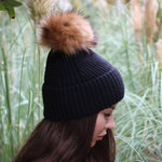 black Cashmere & 100% PURE SILK  Lined Women's hat, Winter Windproof Fox fur pom pom beanie, Great for thick, Curly, Frizz-free hair, Gift for her