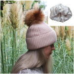 rose beige fox fur pom pom woman hat