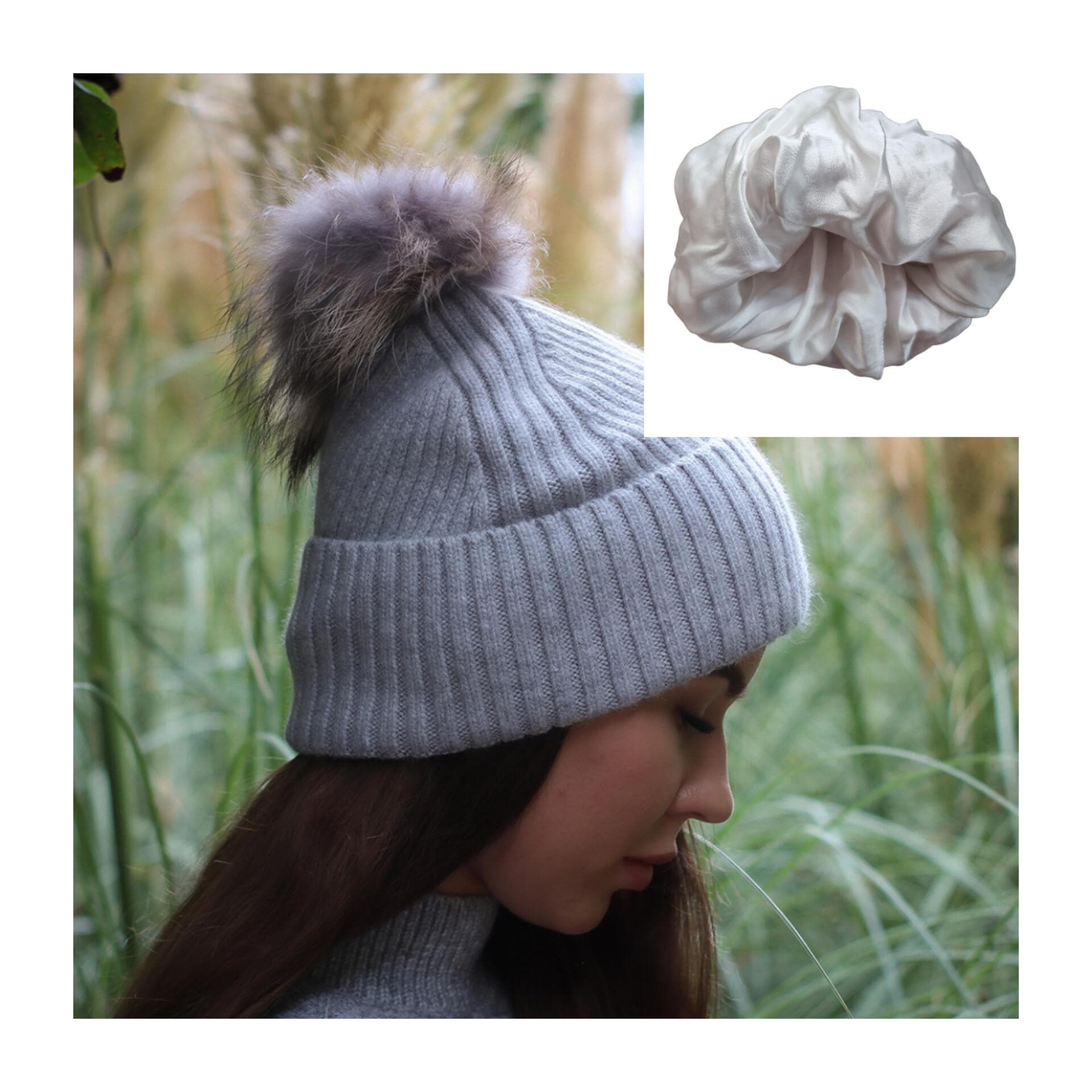 grey fox fur pom pom woman hat