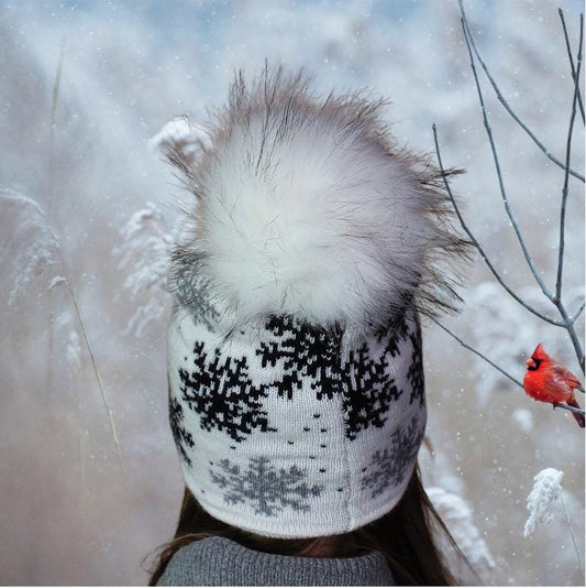 Bonnet d'hiver en fausse fourrure et cachemire pour femme, bonnet chaud à double couche avec motif flocon de neige, cadeau pour elle