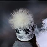 Women winter fox fur pom pom cashmere hat, Double layer snowflake design warm beanie, Gift for her