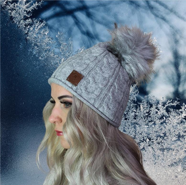 Damen Winter Kaschmir Slouchy Kunstfell Pom Pom Mütze, Kaschmir doppellagige warme Beanie, Geschenk für Sie