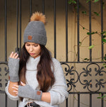 Grey Cashmere fox fur pom pom women's winter hat, Solid colour cashmere beanie, Gift for her.