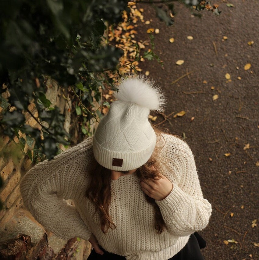 White Cashmere fox fur pom pom women's winter hat, Solid colour cashmere beanie, Gift for her.