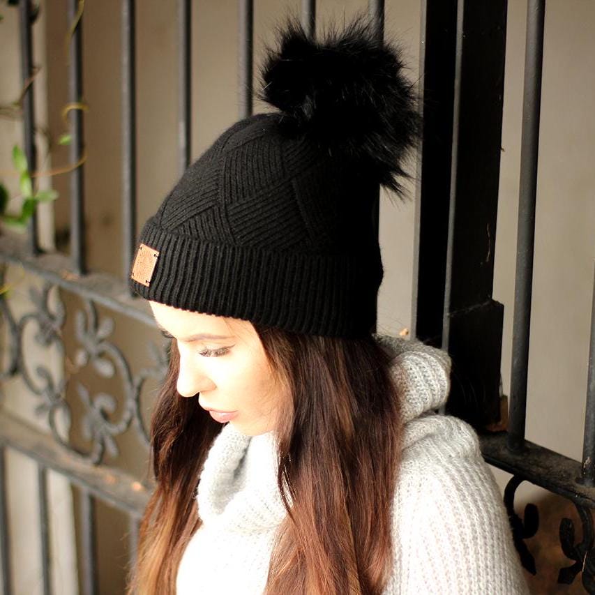 Cashmere faux fur pom pom women's winter hat, Solid colour cashmere beanie, Gift for her.