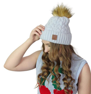 Bonnet pompon en fausse fourrure cachemire pour femme, Bonnet d'hiver chaud en cachemire tricoté pour femme, Cadeau pour elle