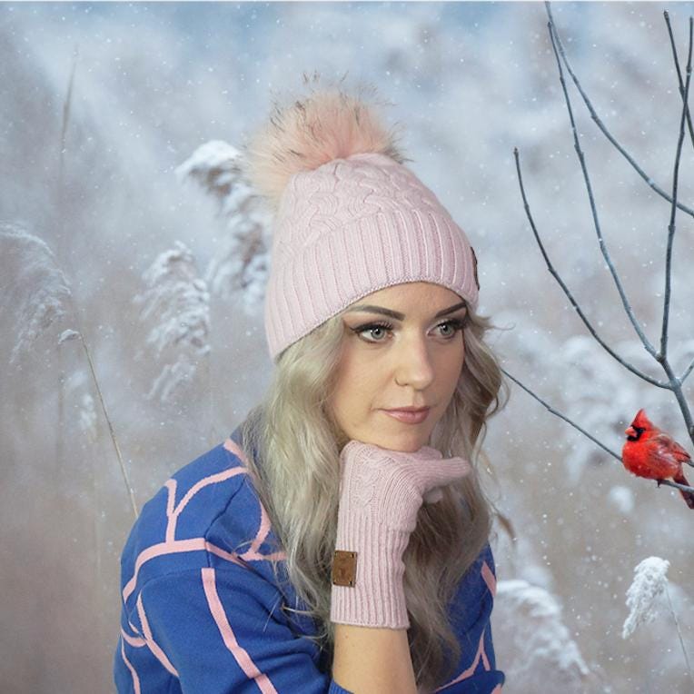 Pink Women's cashmere faux fur pom pom hat, Knit women's warm winter cashmere hat, Gift for her