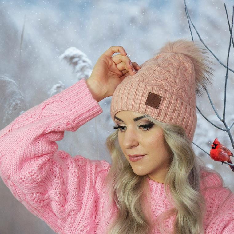 Peach Women's cashmere fox fur pom pom hat, Knit women's warm winter cashmere hat, Gift for her