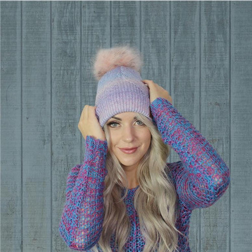 Women's cashmere faux fur pom pom hat, Women's winter colourfull beanie, Gift for her