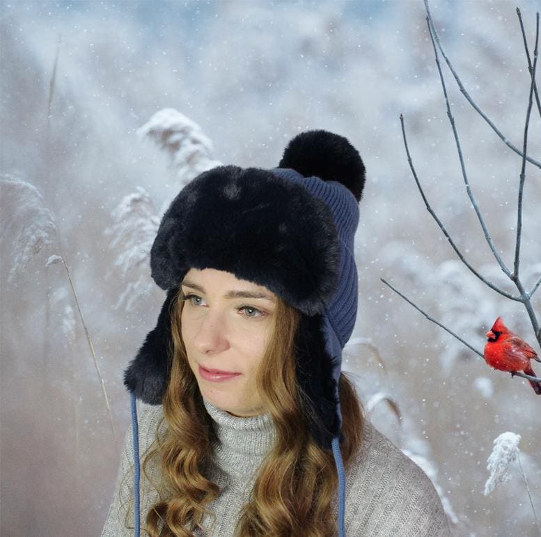 Women's earflap fleece inner pom pom hat, Warm windproof lined beanie, Gift for her