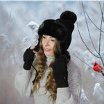 Women's earflap fleece inner pom pom hat, Warm windproof lined beanie, Gift for her