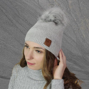 Women's winter cashmere faux pom pom hat, Warm and cozy bobble beanie, Gift for her