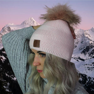 rose beige Cashmere fox fur pom pom hat, Cashmere women winter bobble beanie, Gift for her