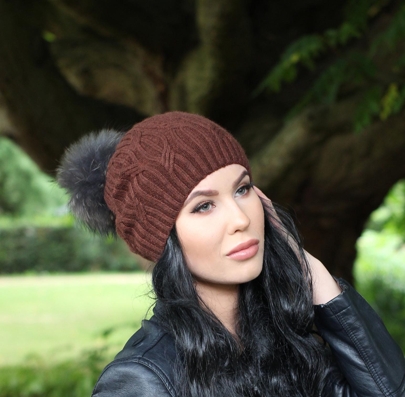 Brown Women's winter cashmere slouchy hat, Brown cashmere fox fur beanie, Gift for her