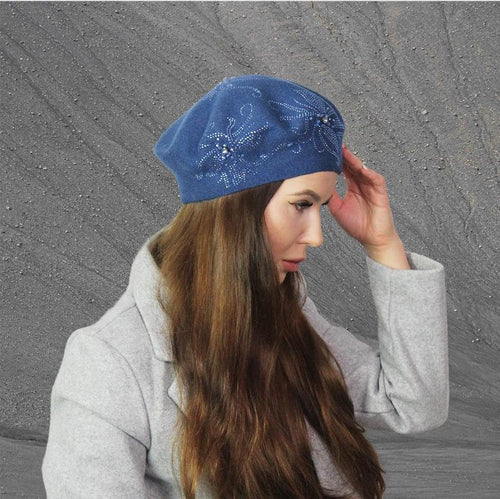 Blue Women's cashmere beret, Women's winter hat, French cashmere beret, Crystal embroidered beret, Gift for her