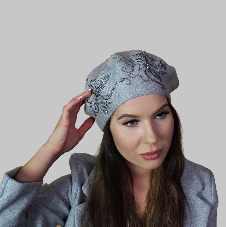 Grey Women's cashmere beret, Women's winter hat, French cashmere beret, Crystal embroidered beret, Gift for her