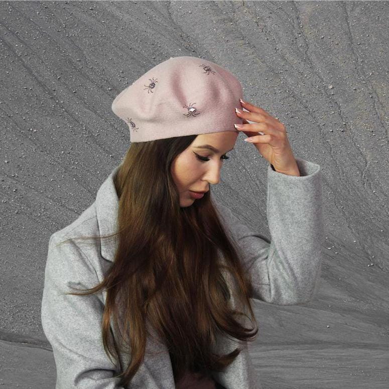 Cashmere beret, Women winter hat, French cashmere beret, Crystal embroidered beret, Gift for her