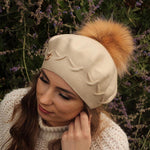 Beige Women's cashmere pom pom beret, Women's winter hat, French cashmere beret, Gift for her