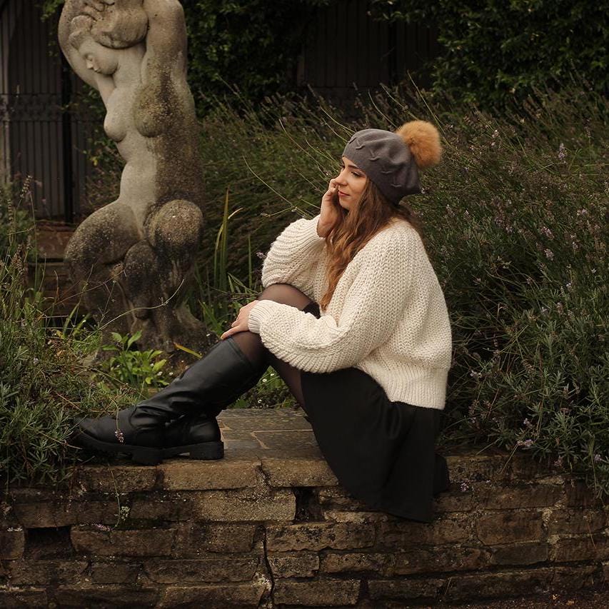 Women's cashmere pom pom beret, Women's winter hat, French cashmere beret, Gift for her