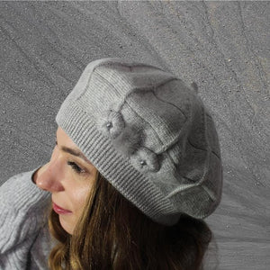 Grey Elegant Cashmere Beret – Women's Winter French Hat with Sparkle | Perfect Gift for Her