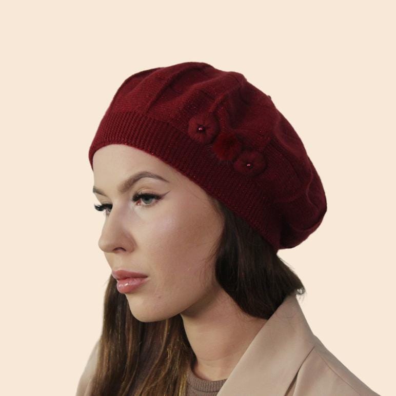 Burgundy Elegant Cashmere Beret – Women's Winter French Hat with Sparkle | Perfect Gift for Her