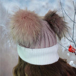 Cashmere double fox fur pom pom hat, Cozy and warm women's girl's bobble beanie, Gift for her