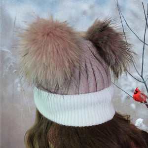 Cashmere double fox fur pom pom hat, Cozy and warm women's girl's bobble beanie, Gift for her