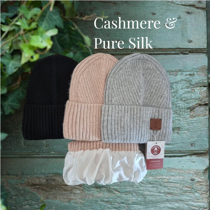 Cashmere & 100% PURE SILK  Lined Women's hat, Winter Windproof beanie, Great for thick, Curly, Frizz-free hair, Gift for her