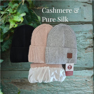 Cashmere & 100% PURE SILK  Lined Women's hat, Winter Windproof pom pom beanie, Great for thick, Curly, Frizz-free hair, Gift for her