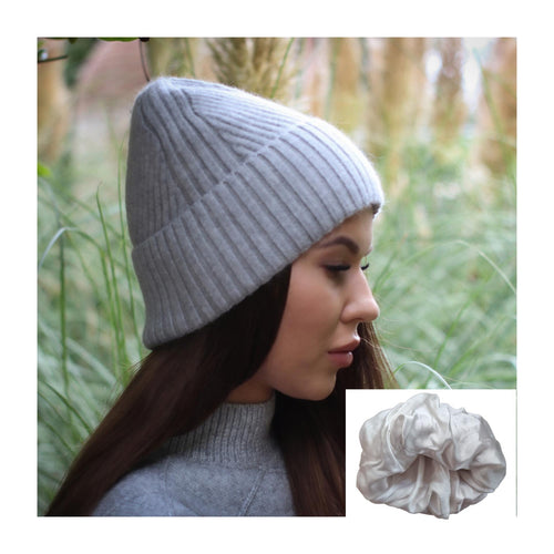 grey Cashmere & 100% PURE SILK  Lined Women's hat, Winter Windproof beanie, Great for thick, Curly, Frizz-free hair, Gift for her