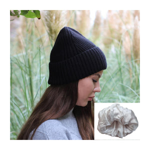 black Cashmere & 100% PURE SILK  Lined Women's hat, Winter Windproof beanie, Great for thick, Curly, Frizz-free hair, Gift for her