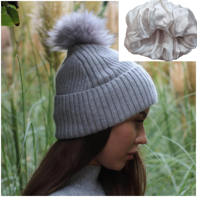 grey Cashmere & 100% PURE SILK  Lined Women's hat, Winter Windproof pom pom beanie, Great for thick, Curly, Frizz-free hair, Gift for her