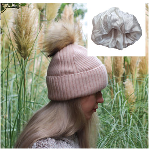 rose beige Cashmere & 100% PURE SILK  Lined Women's hat, Winter Windproof pom pom beanie, Great for thick, Curly, Frizz-free hair, Gift for her