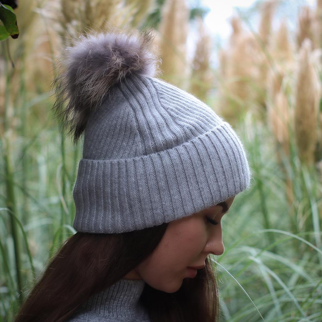 grey Cashmere & 100% PURE SILK  Lined Women's hat, Winter Windproof Fox fur pom pom beanie, Great for thick, Curly, Frizz-free hair, Gift for her