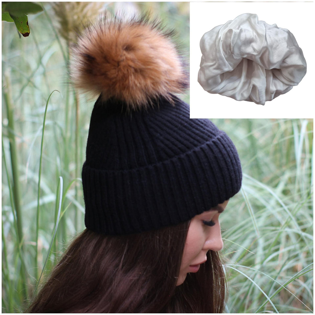 black Cashmere & 100% PURE SILK  Lined Women's hat, Winter Windproof Fox fur pom pom beanie, Great for thick, Curly, Frizz-free hair, Gift for her